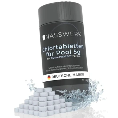 Abbildung von NASSWERK Mini Chlortabletten für Planschbecken 5g (1kg) Chlortabs schnelllöslich Whirlpool &amp; Pool Reinigungstabletten zur Schockchlorung, Stoßchlorung Dauerdosierung Chlor Tabs klein