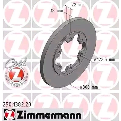 Abbildung von ZIMMERMANN COAT Z 250.1382.20 Bremsscheibe 308 18 6/6 6 148 voll beschichtet ohne ABS Sensorring FORD: Transit V363 Kastenwagen, Bus
