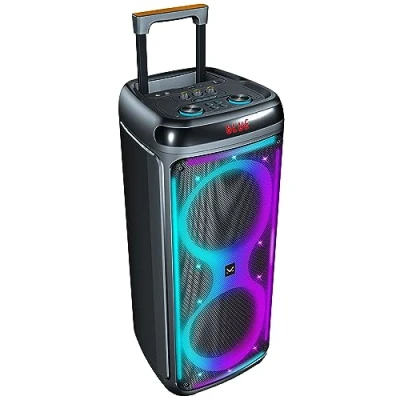 Abbildung von Majestic Flame T88 Party Bluetooth Lautsprecher mit Trolley, LED Lichtern, USB/Micro SD/AUX/MIC, Fernbedienung und Mikrofon, TWS, wiederaufladbarer Akku, Tragegriff Rollen für den Transport