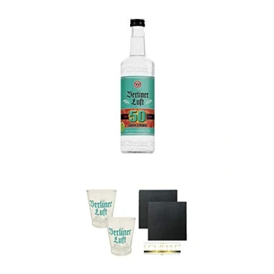 Abbildung von Berliner Luft SUPER STRONG 50% 0,7 Liter + Shot Glas 4cl 2 Stück Schiefer Glasuntersetzer eckig ca. 9,5 cm Ø