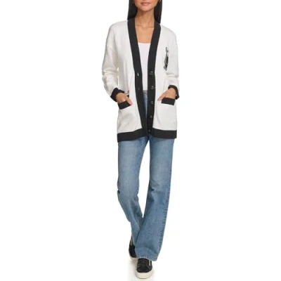 Abbildung von KARL LAGERFELD Damen Strickjacke mit Varsity Logo und Patches Marled Cardigan, Weiches Weiß/Schwarz, S