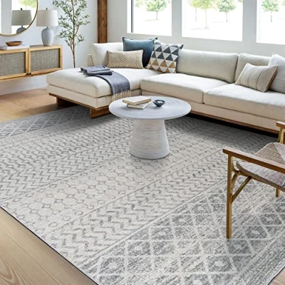 Abbildung von Surya Nice Teppich Wohnzimmer Boho, großer Schlafzimmer 120x170 cm für Esszimmer mit geometrischem Muster, Skandinavischer Wohnzimmerteppich modern in Hellgrau und Weiß