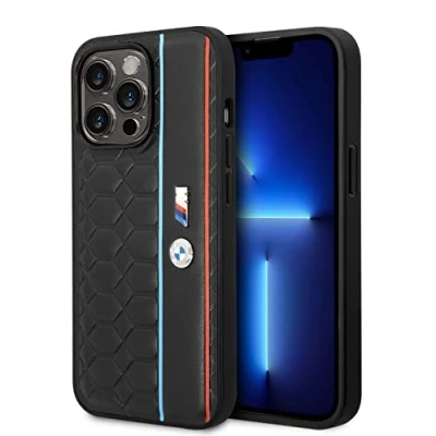 Abbildung von BMW Handyhülle für iPhone 14 Pro Max in Schwarz Hexagonal Muster, PU Leder M Collection, Glatte Schutzhülle mit Einfachem Snap on, Stoßdämpfung &amp; Signature Logo