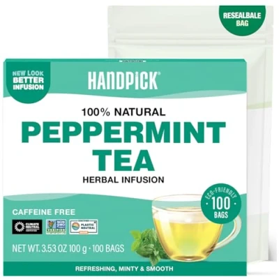 Abbildung von HANDPICK, Pfefferminztee (100 Tee Pfefferminz Beutel) Nicht GVO, Reine Peppermint Tea Minze, Frischer, Kühler Geschmack Runde Umweltbewusste Teebeutel Tee,