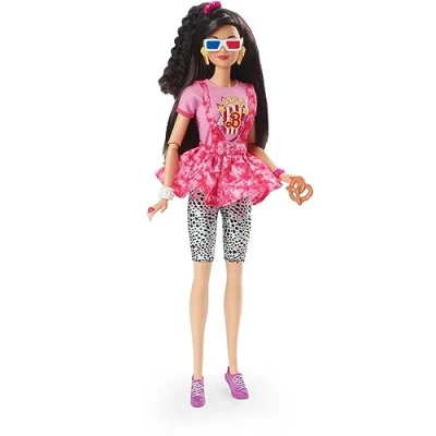 Abbildung von Barbie Puppe, schwarzes Haar, Filmnacht im Stil der 80 Rewind Serie, nostalgische Sammelfiguren und Geschenke, Kleidung Zubehör, HJX18