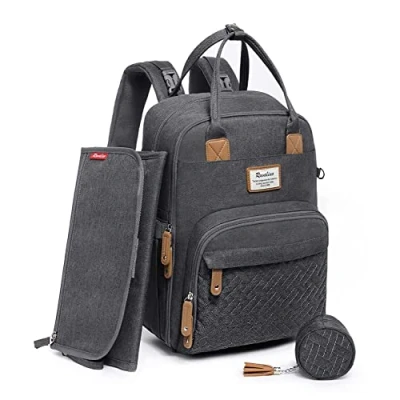 Abbildung von RUVALINO Baby Wickelrucksack Wickeltasche Rucksack mit tragbarer Wickelauflage, Schnullerhalter und Kinderwagengurten, Babytasche Multifunktional für Mama Papa, Dunkelgrau