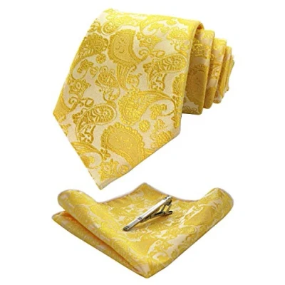 Abbildung von JEMYGINS Gelb krawatte Paisley Seide Herren Krawatten und Einstecktuch mit krawattenklammer Sets (5)