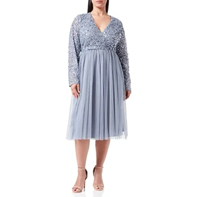Abbildung von Maya Deluxe Damen Faux Warp Front Embellished Midi Bridesmaid Dress, Dusty Blue, 52 EU
