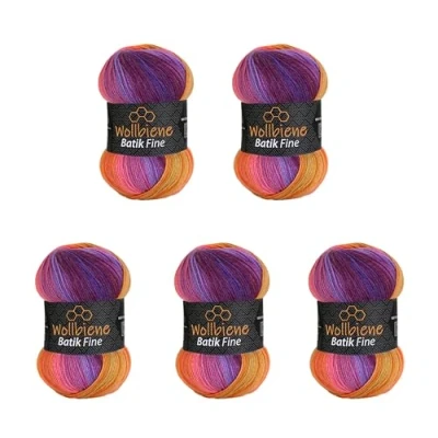 Abbildung von 5 x 100g Wollbiene Batik Fine 500 Gramm Wolle mit Farbverlauf mehrfarbig Multicolor Strickwolle Häkelwolle (5600 lila beere orange)