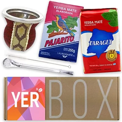 Abbildung von Yerba Mate Set Yerbox: Pajarito Traditional 250g und Taragui Glas Becher mit Leder Überzogen (Kalebasse) Bombilla aus Edelstahl Reinigungsbürste