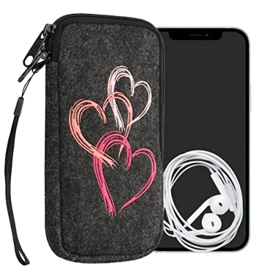 Abbildung von kwmobile Handytasche für Smartphones XL 6,7/6,8&quot; Handy Filztasche Pinsel Herzen Altrosa Rosa Dunkelgrau 17,2 x 8,4 cm Innenmaße