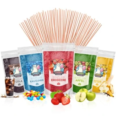 Abbildung von CANDY LAMA Zuckerwatte Set, Partyset 5 x 250g: Cola, Kaugummi, Erdbeere, Apfel, Banane, Vanille, inkl. 50 Zuckerwattestäbe, 100% vegan, für Zuckerwattemaschine