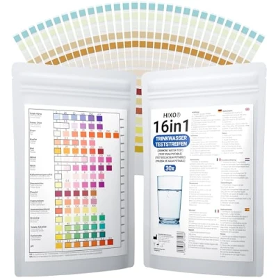 Abbildung von 30x 16in1 Trinkwasser Teststreifen Wasseranalyse Wassertester für 16 Parameter Ideal Trinkwasser, Pool, Spa &amp; Aquarium testet Wasserhärte, Blei, Eisen, Kupfer u.v.m.