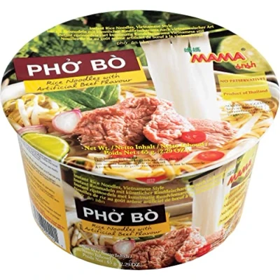 Abbildung von Mama Instant Bowl Reisnudeln Pho Bo mit Rindfleischgeschmack Instantnudelsuppe orientalischer Art Authentisch thailändisch kochen 6 x 65 g