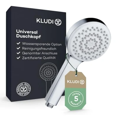 Abbildung von KLUDI X1 Universal Duschkopf wassersparend als Option, Duschbrause mit 1 Strahlart, runder Brausekopf Ø 10,7 cm, reinigungsfreundlicher Shower Head Antikalk Funktion in Chrom