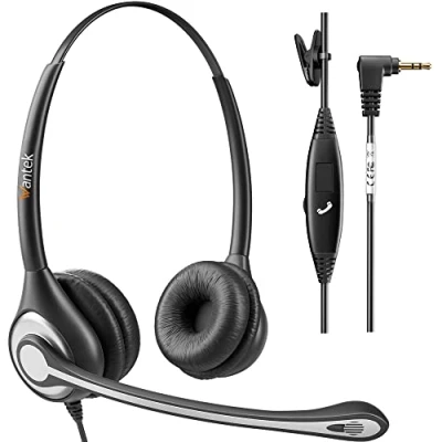 Abbildung von Wantek Telefon Headset Binaural mit Noise Cancelling Mikrofon, Call Center Kopfhörer für Gigaset Panasonic Cisco Linksys SPA Zultys Office IP und Schnurlos Dect Telefone 2,5mm Klinke