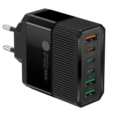 Abbildung von Ladegerät USB C Schnellladegerät 55 W 6 Ports 25 Mehrfachladegerät PD QC3.0 Handy Ladegerät, Stecker Netzteil Samsun S22 S23 S24 iPhones 15 14 13, Wandstecker Adapter