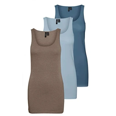Abbildung von VERO MODA Damen VMMAXI My Soft Long Tank TOP GA 3P, Blue Fog/Walnut Light Mel &amp; CH, S