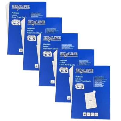 Abbildung von Hd line Universal Etiketten 5 Packungen, 52,5 x 29,7 mm, 100 Blatt, 20000 Stück, selbstklebend, bedruckbar, matt, blanko Papier Klebeetiketten Aufkleber, 40 pro A4 Bogen, weiß