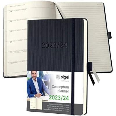 Abbildung von SIGEL C2403 Terminplaner Wochennotiz Kalender 2023/2024, ca. A5, schwarz, Hardcover, 256 Seiten, Gummiband, Stiftschlaufe, Archivtasche, PEFC zertifiziert, 18 Monatskalender, Conceptum