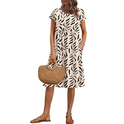 Abbildung von AUSELILY Damen Kurzarm Knielange Sommerkleider Sommer Lockeres Freizeitkleider Empire Kleider mit Taschen Aprikosens chwarzes Blatt XL