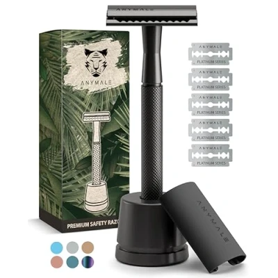 Abbildung von ANYMALE® Rasierhobel Black Edition Set mit Ständer und 5 ASTRA Klingen Zero Waste Rasierer für Damen Herren