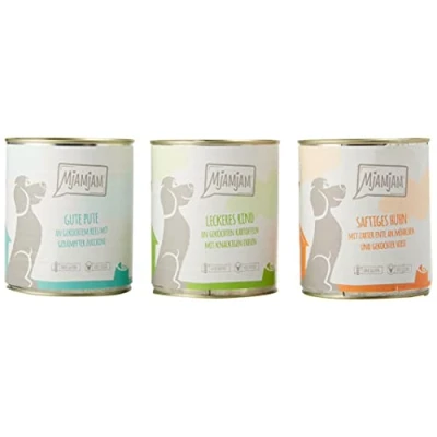 Abbildung von MjAMjAM Premium Nassfutter für Hunde Mixpaket I Huhn &amp; Ente, Rind, Pute, 6er Pack (6 x 800 g), naturbelassen mit extra viel Fleisch