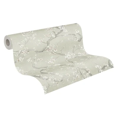 Abbildung von Livingwalls Hot Spots Motivtapete 10,05 m x 0,53 mit zartem Blütenmuster Grün, Weiß, Grau, Metallic Vliestapete, Wanddeko im floralen Stil Made in Germany 781991