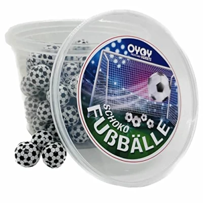 Abbildung von 500g Schokofußbälle aus Milchschokolade in OYOY Behälter I 85 95 Fair Trade Kakao plus Fussballsticker Mottoparties, Weltmeisterschaft &amp; Kindergeburtstage