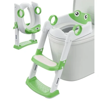 Abbildung von Toilettensitz Kinder mit Treppe, WC Sitz für Jungen und Mädchen, Höhenverstellbar Klappbar, Toilettenaufsatz Gepolsterter, Spritz Rutschfestes Trittbrett(Grün/Weiß)