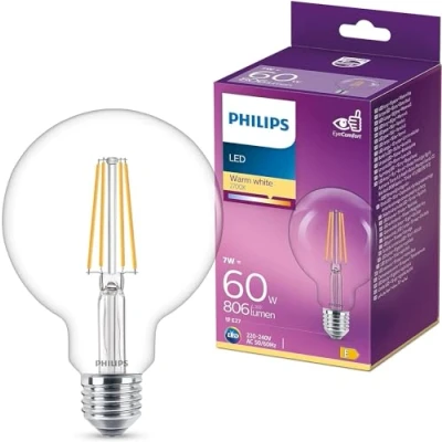 Abbildung von Philips LED Classic E27 Filament Lampe (60 W), in Globe Form mit warmweißem Licht, energiesparende Beleuchtung langer Nutzlebensdauer
