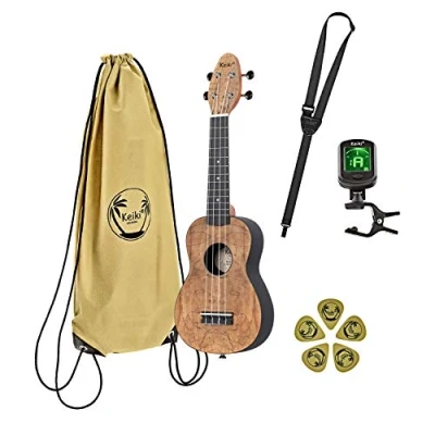 Abbildung von Ortega Guitars Sopran Ukulele natur Linkshänder Keiki K3 Starterkit inklusive Tuner, 5 Medium Plektren &amp; Kordelzugtasche gestocktes Ahornholz (K3 SPM L)