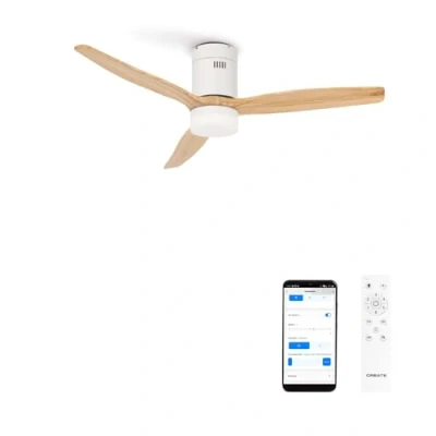 Abbildung von CREATE / WINDCALM/Deckenventilator mit Beleuchtung Weiß Hellesholzflügel WLAN und Fernbedienung/Leise, 40W, Ø132 cm, 6 Geschwindigkeiten, Timer von 1 bis 4 Std., DC Motor, Sommer Winterbetrieb