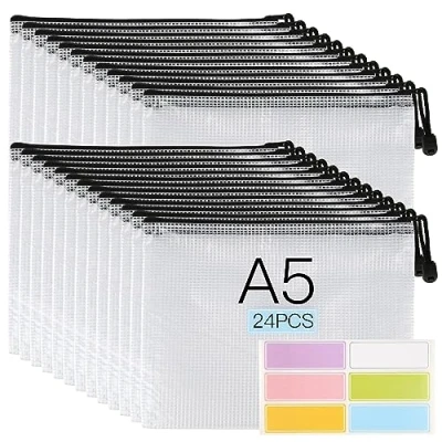 Abbildung von Dokumententasche A5, 24 Stück Zipper Beutel Wasserdichte Reißverschluss, Mesh Bag Kunststoff Transparent für Bürobedarf, Dokumente, Papier, Reise, Kosmetika