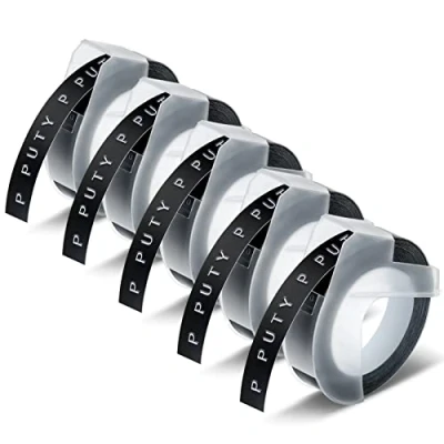 Abbildung von 5 X 523809 9mm Band Kompatible für Dymo Omega 3D 3/8&quot; Schwarz Etikettenband als Ersatz Prägeband Junior Weiß auf