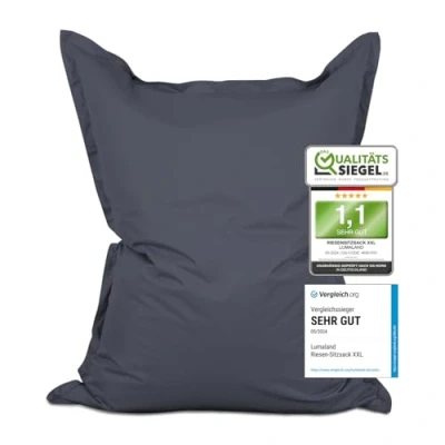 Abbildung von Lumaland Riesen Sitzsack XXL 140x180 cm Wasserfestes Indoor &amp; Outdoor Liegekissen mit über 3 Mio. anpassungsfähigen EPS Perlen Bean Bag waschbarem Bezug [Stahlgrau]