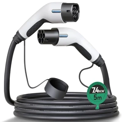 Abbildung von Typ 2 Ladekabel 32A/7.4 kW/1 Phasig/5 Meter Elektroauto auf EV für E Auto EV/PHEV Modus 3 Kompatibel mit Model Y S X, ID.3, ID.4, ID.5, IONIQ 5(Weiß)