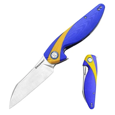 Abbildung von Harnds Parrot Klappmesser,Camping messer mit 91mm Sandvik 14C28N Klinge und messerkantenverschluss Rutschfester G10 Griff, Klapp Taschenmesser Clip für Outdoor Selbstschutz (Blau Gelb)