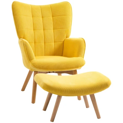 Abbildung von Ohrensessel mit Hocker, Relaxsessel, Polstersessel in Cord Optik, Gelb