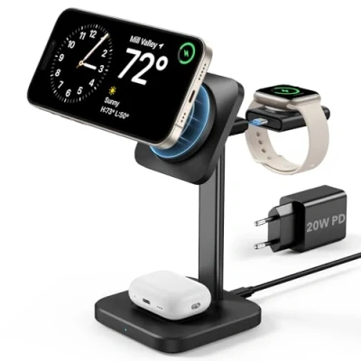 Abbildung von ESR 3 in 1 Ladestation für MagSafe Apple Watch und iPhone, Magnetisches Kabelloses Ladegerät Schnellladen kompatibel mit iPhone 16/15/14, 8/7/6/5/4/3/2/SE AirPods 4/3/2/Pro, Schwarz
