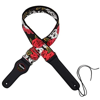 Abbildung von Rayzm Gitarrengurt/Bassgurt aus Baumwolle für Akustik , E Gitarre und Bassgitarre mit Plektum Tasche, wunderschönes Muster Rosen Totenköpfen, Breite 5cm, Länge anpassbar