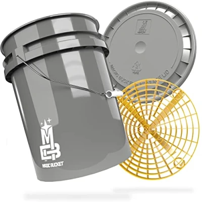 Abbildung von MAGIC BUCKET Auto Handwäsche Bundle Wascheimer Mit passendem Eimer Deckel 5 US GALLONEN ca. 20 Liter Grit Guard Eimereinsatz Schmutzsieb Waschset Grau/Gelb