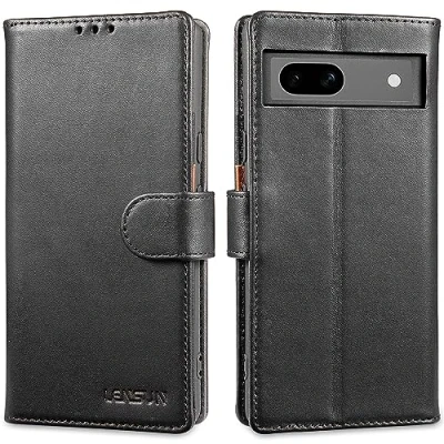 Abbildung von LENSUN Lederhülle für Google Pixel 7 Pro, Handyhülle [Echtes Leder] [Magnetverschluss] [RFID Schutz] Handytasche Echtleder Hülle Pro 5G Schwarz