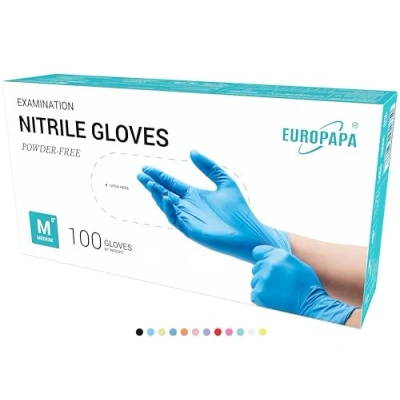 Abbildung von EUROPAPA® 100x Nitrilhandschuhe Box Einweghandschuhe, Einmalhandschuhe, Untersuchungshandschuhe, Nitril Handschuhe, puderfrei, ohne Latex, unsteril, latexfrei, disposible gloves (M, Blau)