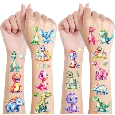 Abbildung von Dinosaurier Glitzer Tattoo Set Kinder, 12 Blätter Dino Fake Tattoos für Geschenke Junge Mädchen, Geburtstag Party Geschenk Kleine, Hautfreundliche Temporäre