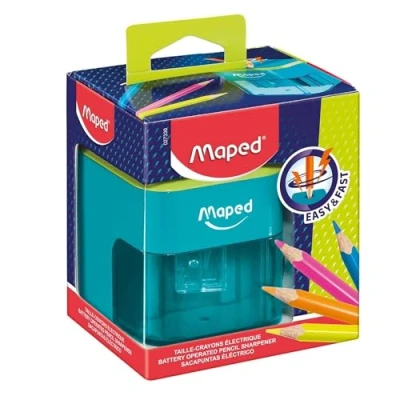 Abbildung von Maped Elektrischer Bleistiftspitzer, batteriebetrieben, 1 Loch, Standarddurchmesser 6 8 mm, automatischer und schneller Anspitzer, mit Reservoir zweifarbig