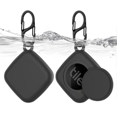Abbildung von [2 Stück] Halterung für Tile Mate（2022）, MOWYEOK Silikon GPS Tracker Verstecktes wasserdichtes Halterung, Mit Schlüsselanhänger, Geeignet Schlüssel, Geldbörse, Gepäck (Schwarz+Schwarz)