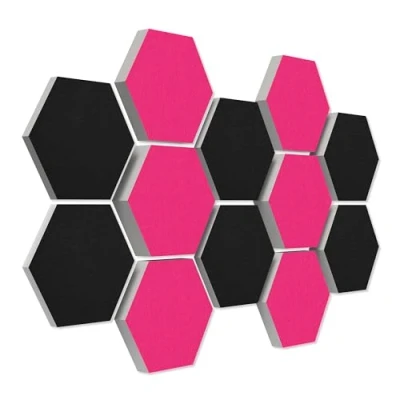 Abbildung von platino24 3D Set Schallabsorber Colore aus Basotect G+ mit Akustikfilz, 12 Waben in Fuchsia + Schwarz je Ø30cm, Akustikverbesserung