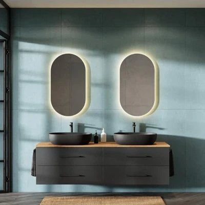 Abbildung von Planetmöbel LUX Badmöbel Set Waschbecken mit Unterschrank 180 cm, 2 Aufsatz 60cm schwarz, Spiegel 50 cm (ohne LED) Waschbeckenunterschrank Gold Eiche/Anthrazit