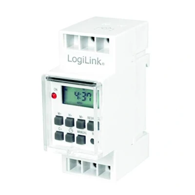 Abbildung von LogiLink ET0010 DIN Rail Zeitschaltuhr mit digitalem Timer und LCD zum einfachen Schalten von z.B. Neonlichter, Warmwasserbereiter, Laternen, Bewässerungsanlagen, etc